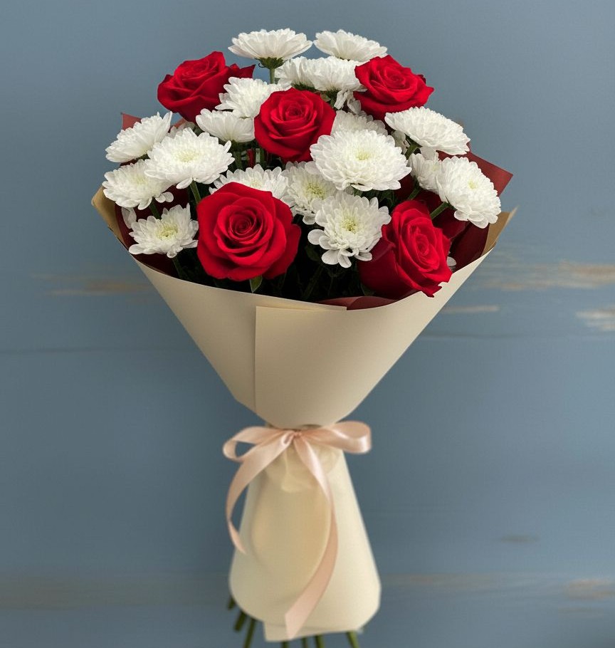 Букет цветов из: Розы и Хризантемы в Атиге