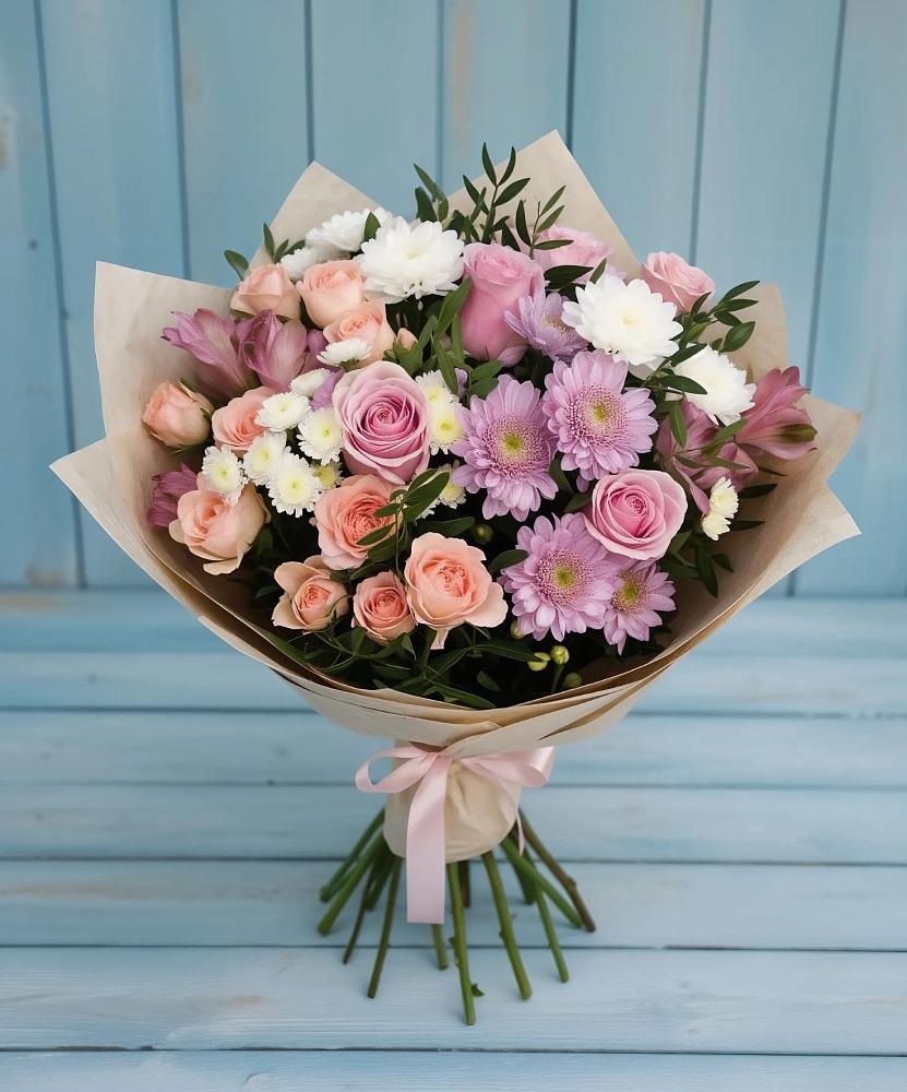 Букет цветов из: Хризантемы, Розы и Альстромерии в Атиге