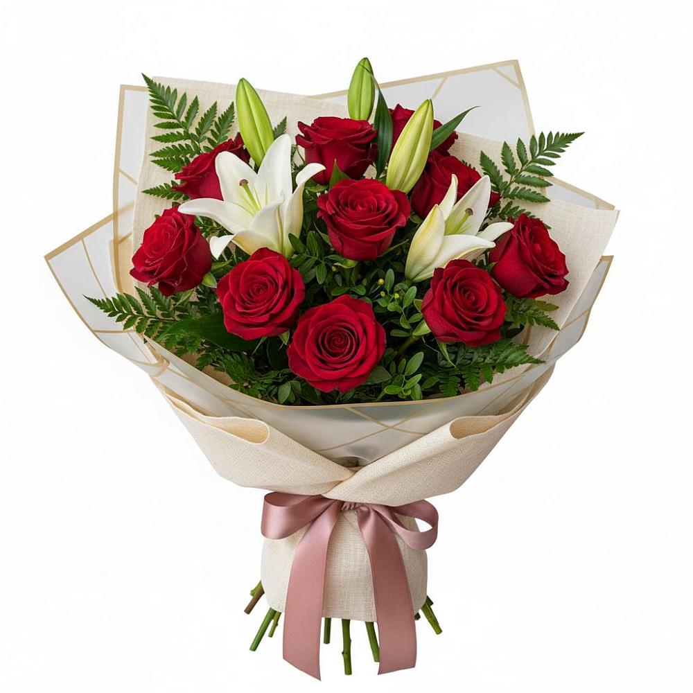 Букет цветов из: Лилии и Розы в Атиге