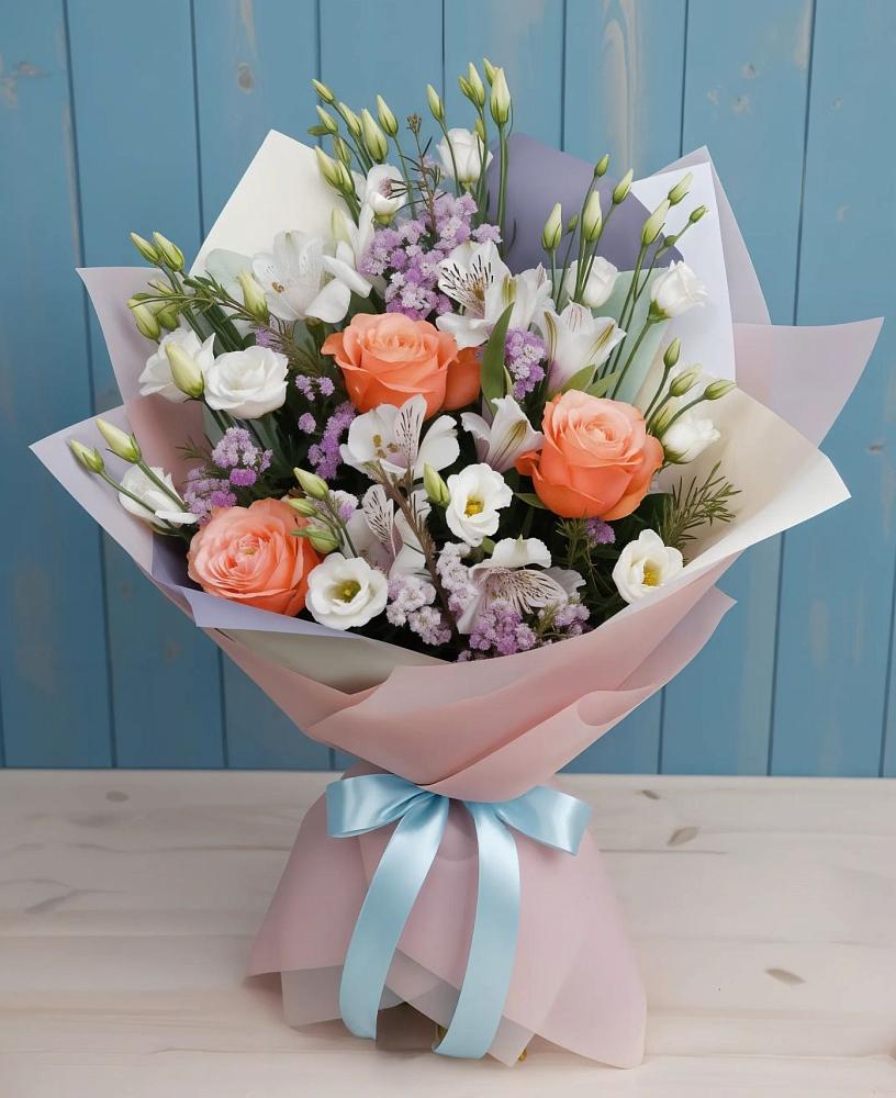 Букет цветов из: Лизиантусы, Розы, Альстромерии и Гипсофила в Атиге