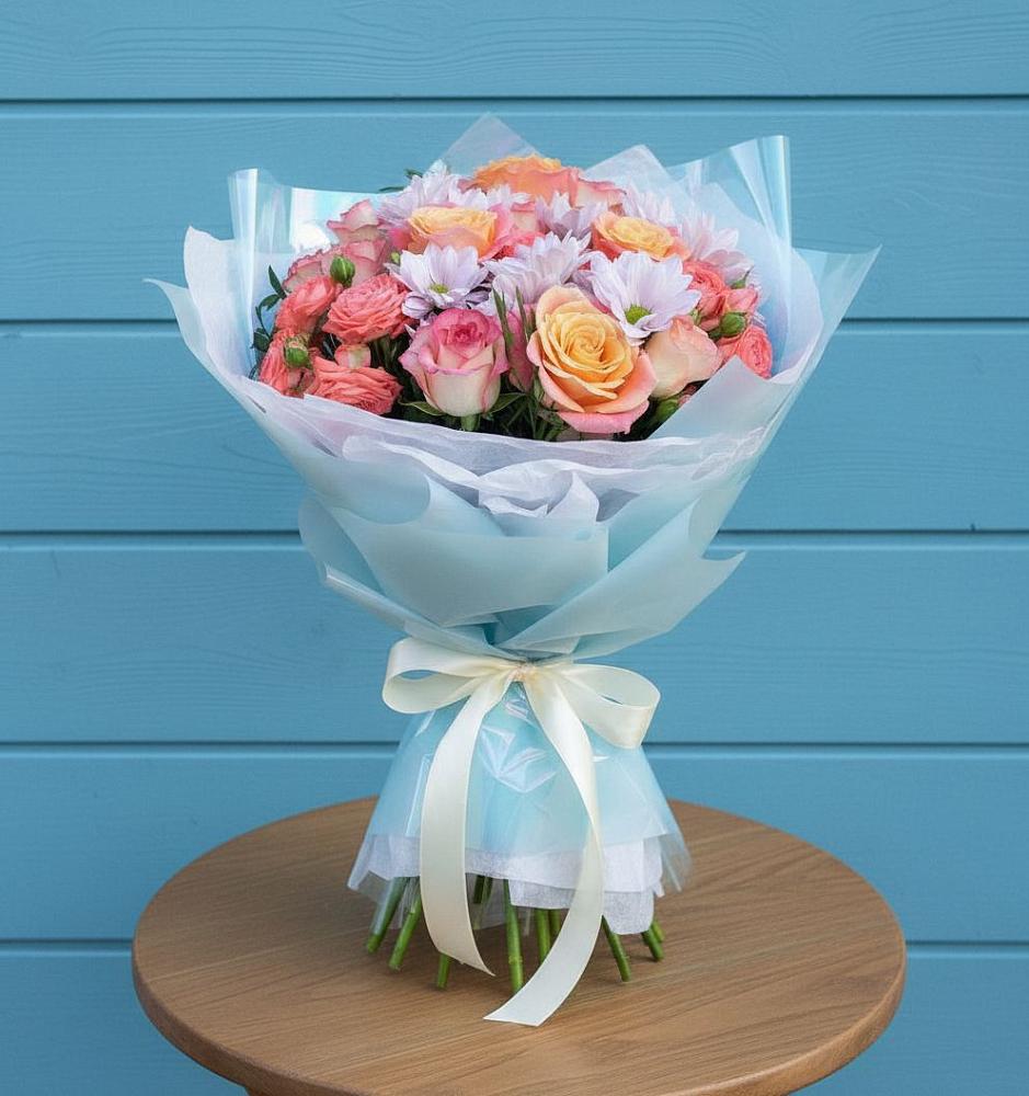 Букет цветов из: Хризантемы и Розы в Атиге