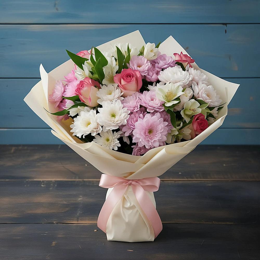 Букет цветов из: Хризантемы, Альстромерии и Розы в Атиге